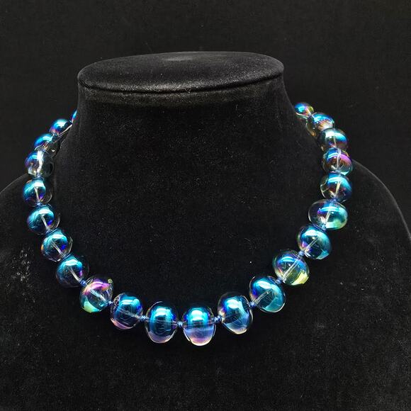 Blue Glass Aurora Borealis Beaded Necklace Iridescent Bubbles - Picture 5 of 8